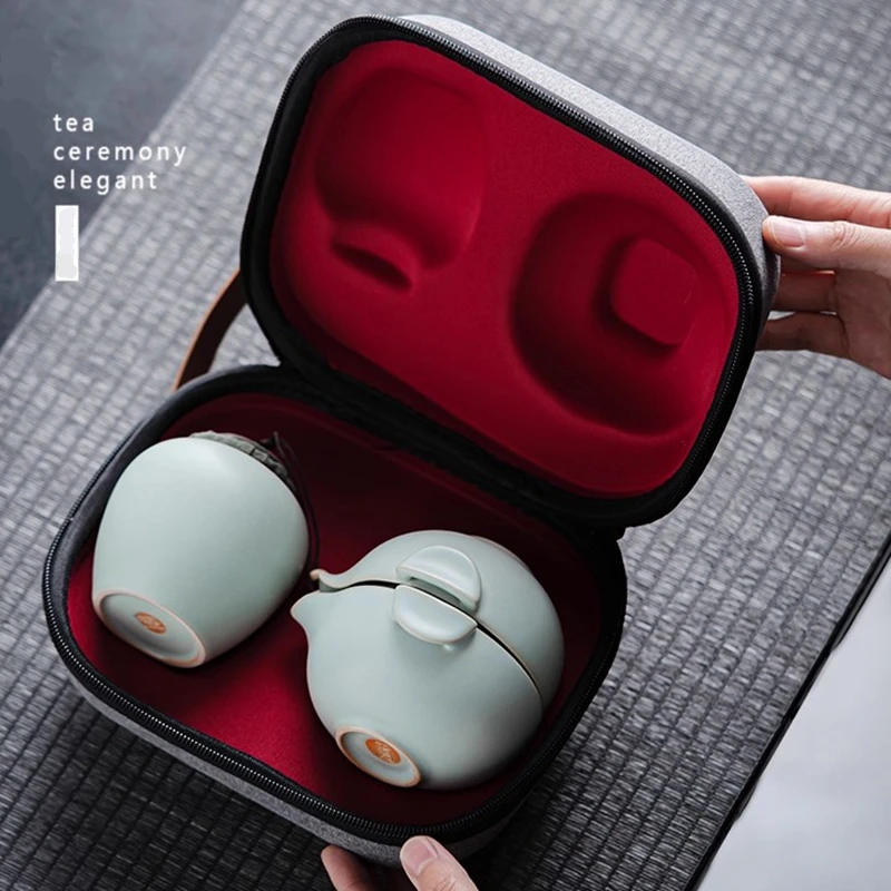 Sky Blue Ru Kiln Travel Tea Set One Pot Three Cups Quick Guest Cup Ceramic Tea Cup Hand-held Bowl Outdoor Tea Drinking