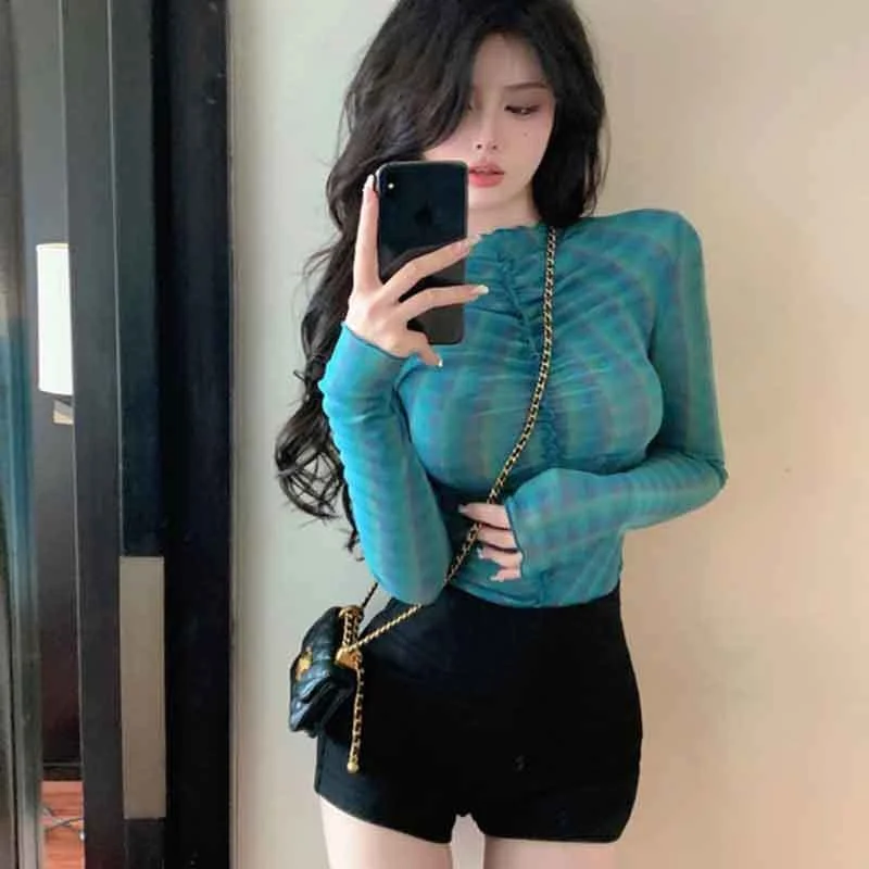 Mermaid Lady Gauze Bottom Blouse Women's Early Autumn New Style Temperament Slim Sexy Hot Girl Top Thin Sunscreen Trend