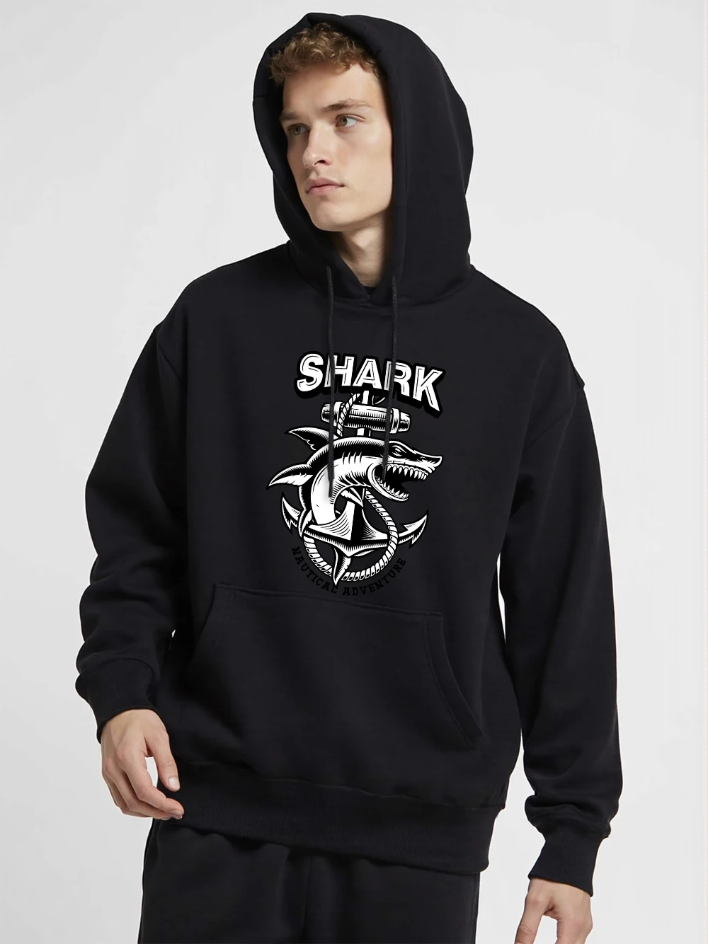 Shark Nautical Adventure Printing Hoodies Men Casual Pocket Hooded Winter Fleece Warm Sweatshirts Basics Sporty Unisex Clothes