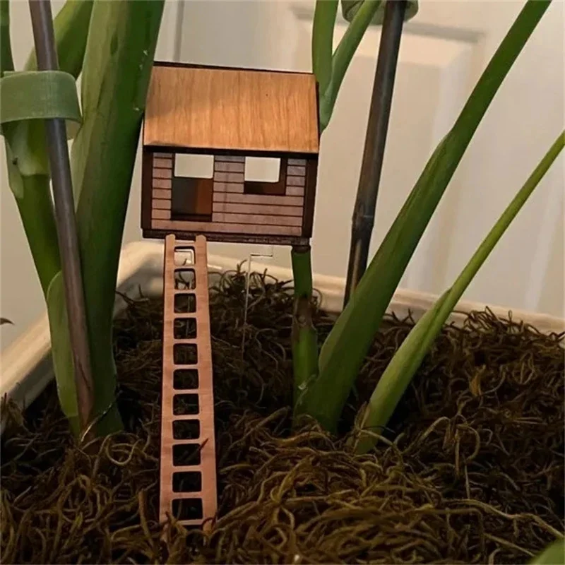 Garden Pots Mini Tree House Ornament Flower Pot Decorative Insert Plaque Wooden Crafts Mother's Day