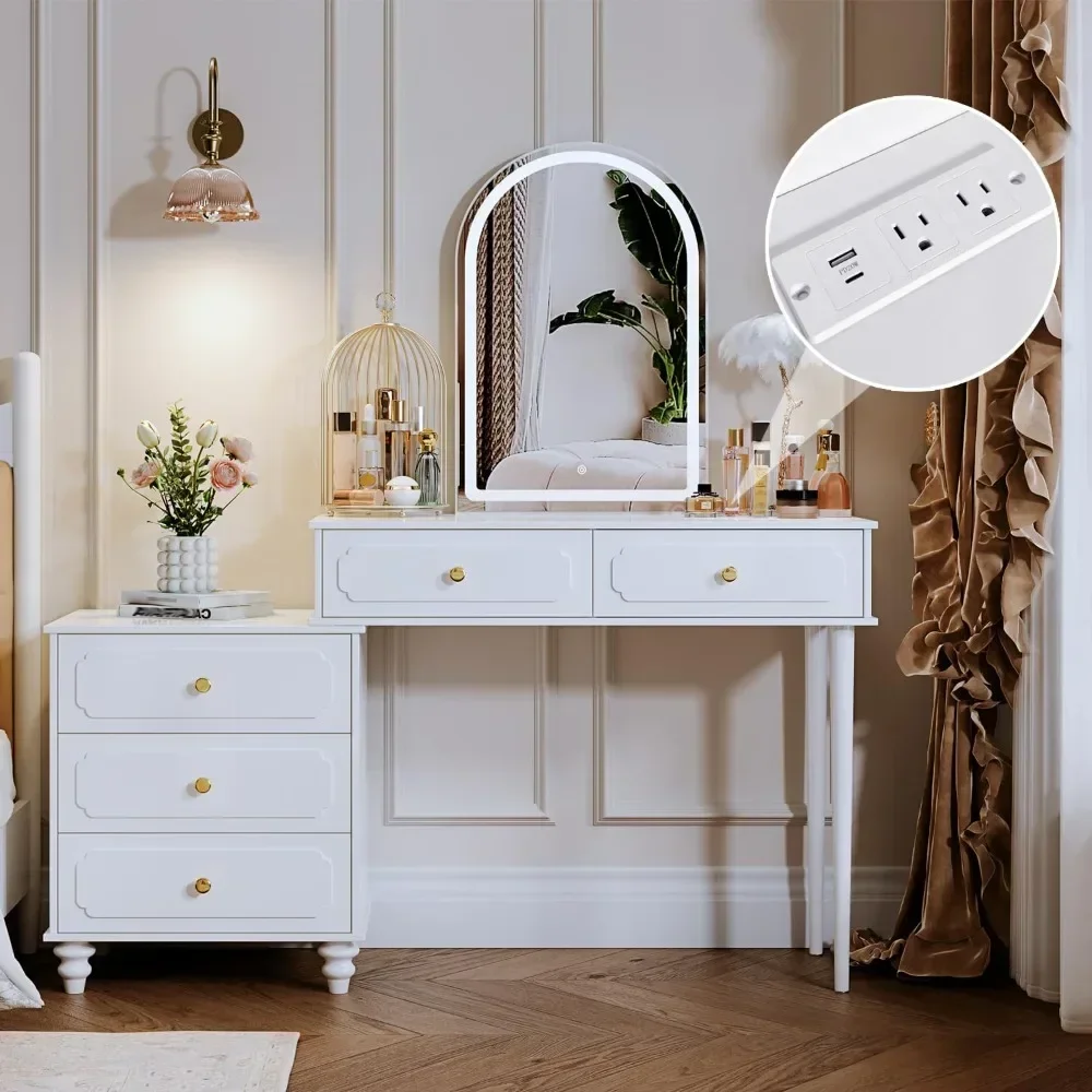 

Vanity Desk with Mirror and Lights,Power Outlet and Adjustable Cabinet,Makeup Table with 3 Drawers for Bedroom Makeup Room