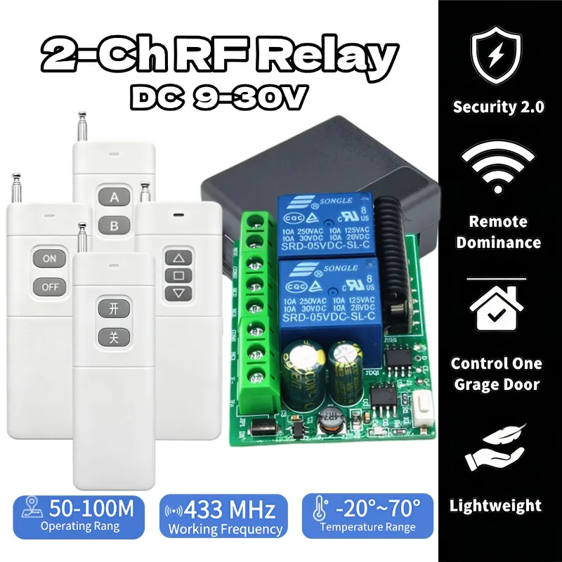 433MHz RF Remote Control DC 12V 24V 2CH Relay Receiver for Universal Garage Door Light LED Fanner Motor Signal Transmission