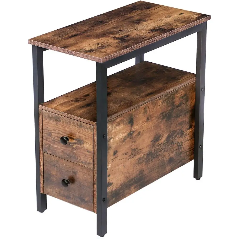 

Sturdy Narrow Chairside Table with Drawer and Open Shelf, Ideal for Small Spaces, Rustic Brown and Black Wood Accent Furniture