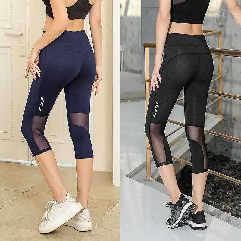 Afslankende Heup-Lifting Net Rode Yogabroek Dames Zomer Hardloopbroek Sport Holle Mesh Fitness Broek 7 Punten Ademend