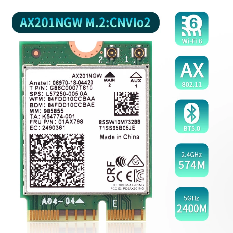 Dual Band 2.4Gbps Wireless Adapter For AX201 Desktop Kit 802.11ac/ax M.2 Key E CNVIo2 Wifi 6 Bluetooth 5.0 Network Card