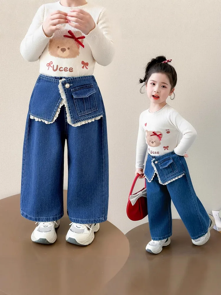 

Джинсы для девочек, весенне-осенние, новые, повседневные, для детей 2-11 лет, свободные прямые брюки, джинсовые брюки с кружевом для девочек