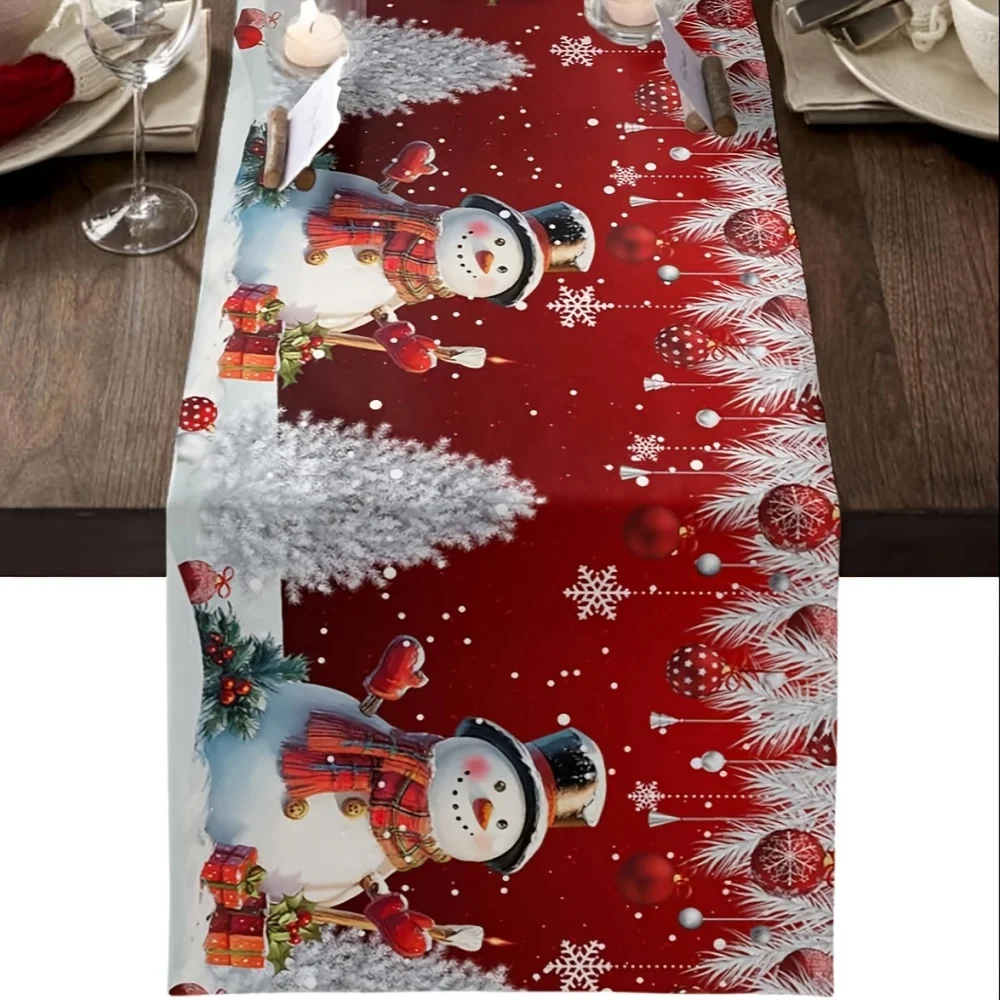 1 Stück, Weihnachts-Tischläufer aus rotem Leinen, Schneemann, Weihnachtsdekoration, Schneeflocke, rote Weihnachtsbaumkugeln, silbrige Zederblätter, Tischläufer