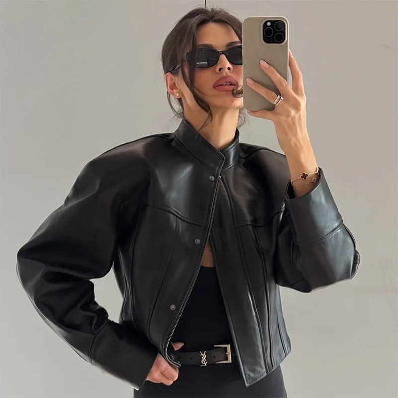 Slim Fit Faux Leather Jacket Women Classic Moto Biker PU Fitted Zipper Jackets Spring Autumn Basic Bomber Coat Street Outerwear