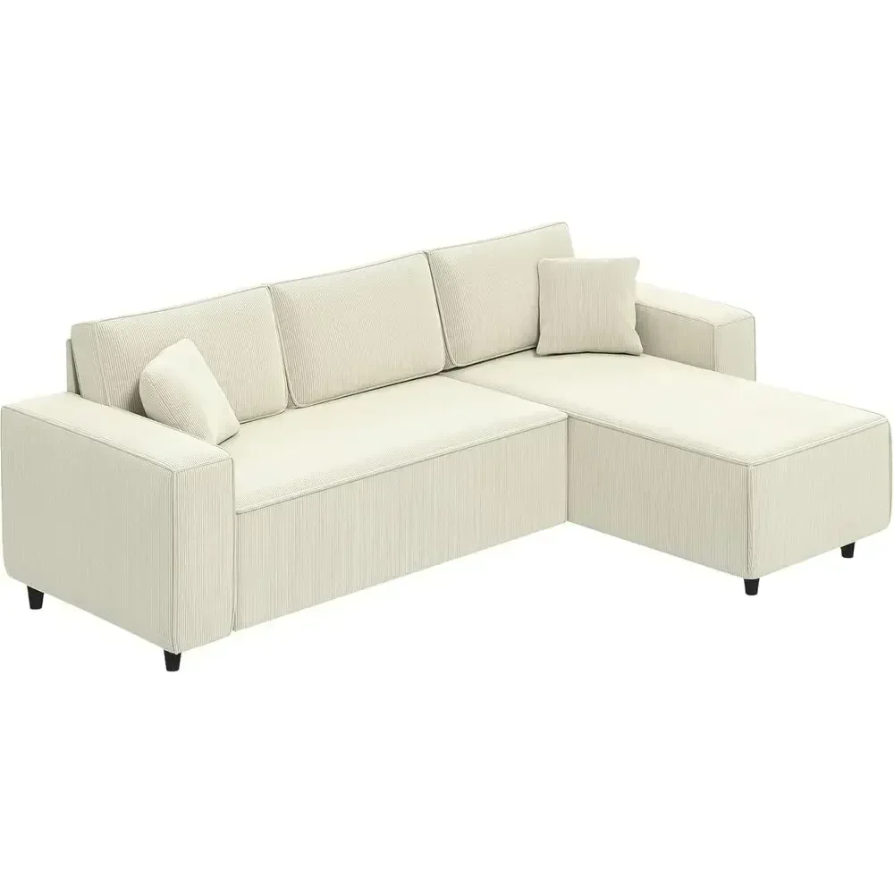 3-Seat Reversible Chaise L-Shaped Sofa with Corduroy Fabric, Plush Cushions, Wide Arms, Cream White