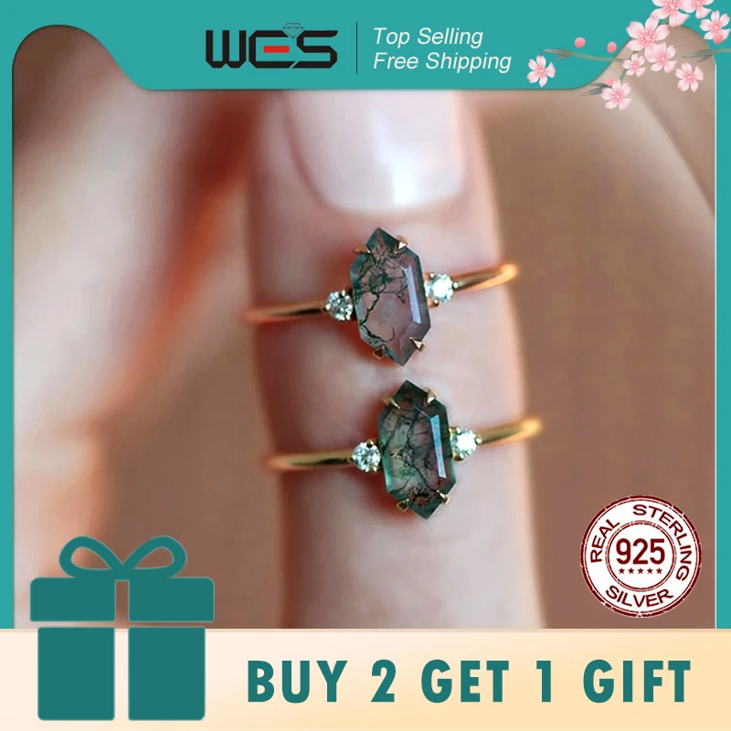 WES 925 sterling silver Moss Ring with Natural 5*10mm Water Grass Agate Stone For Woman Geometric Engagement Gift Fine Jewelry