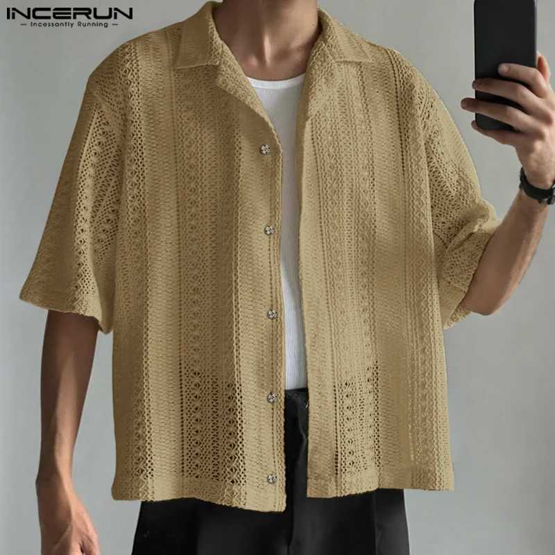 

2025 Men Shirt Summer Mesh Hollow Out See Through Lapel Short Sleeve Shirts Tops Streetwear Stylish Sexy Men Clothing INCERUN
