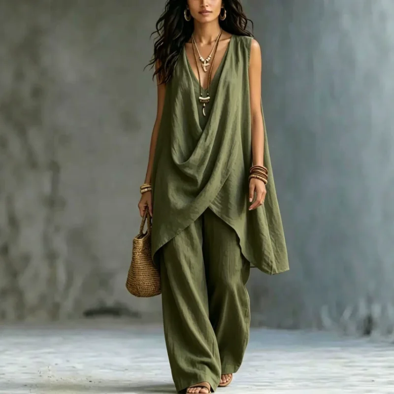 Women Solid Sleeveless Draped  - огляд і ціна Linen Pant Wide