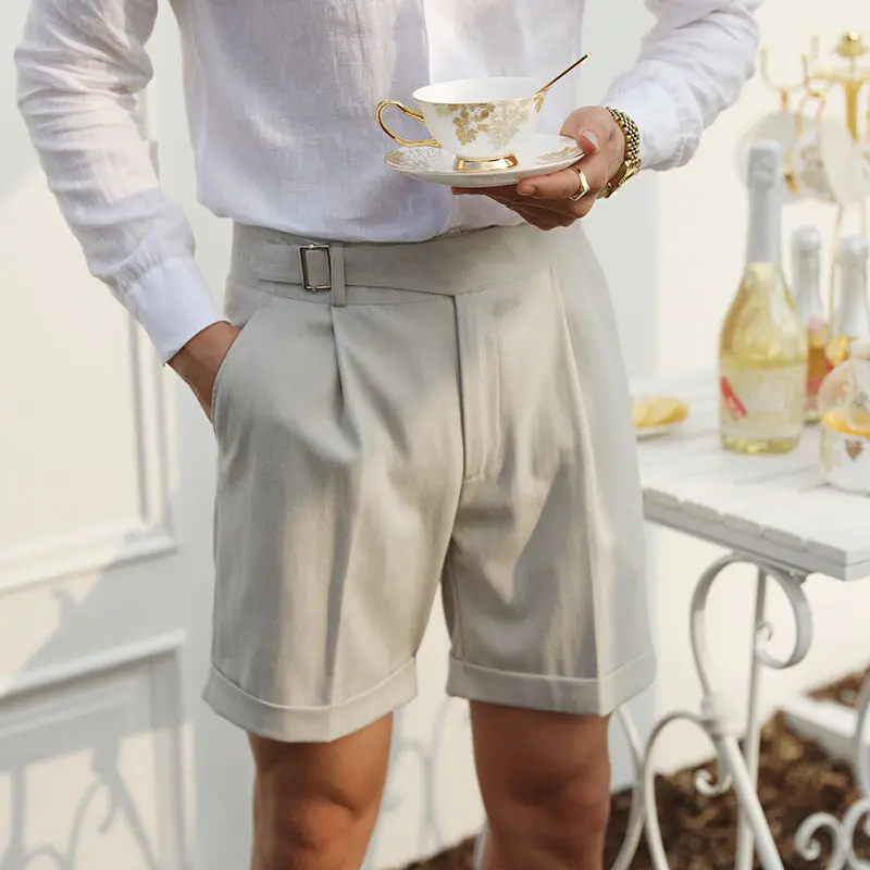 

Men's Suit Shorts High Waist Summer Casual Office Pleated Knee Length British Style Paris Belt Vintage Thin Luxury Fashion