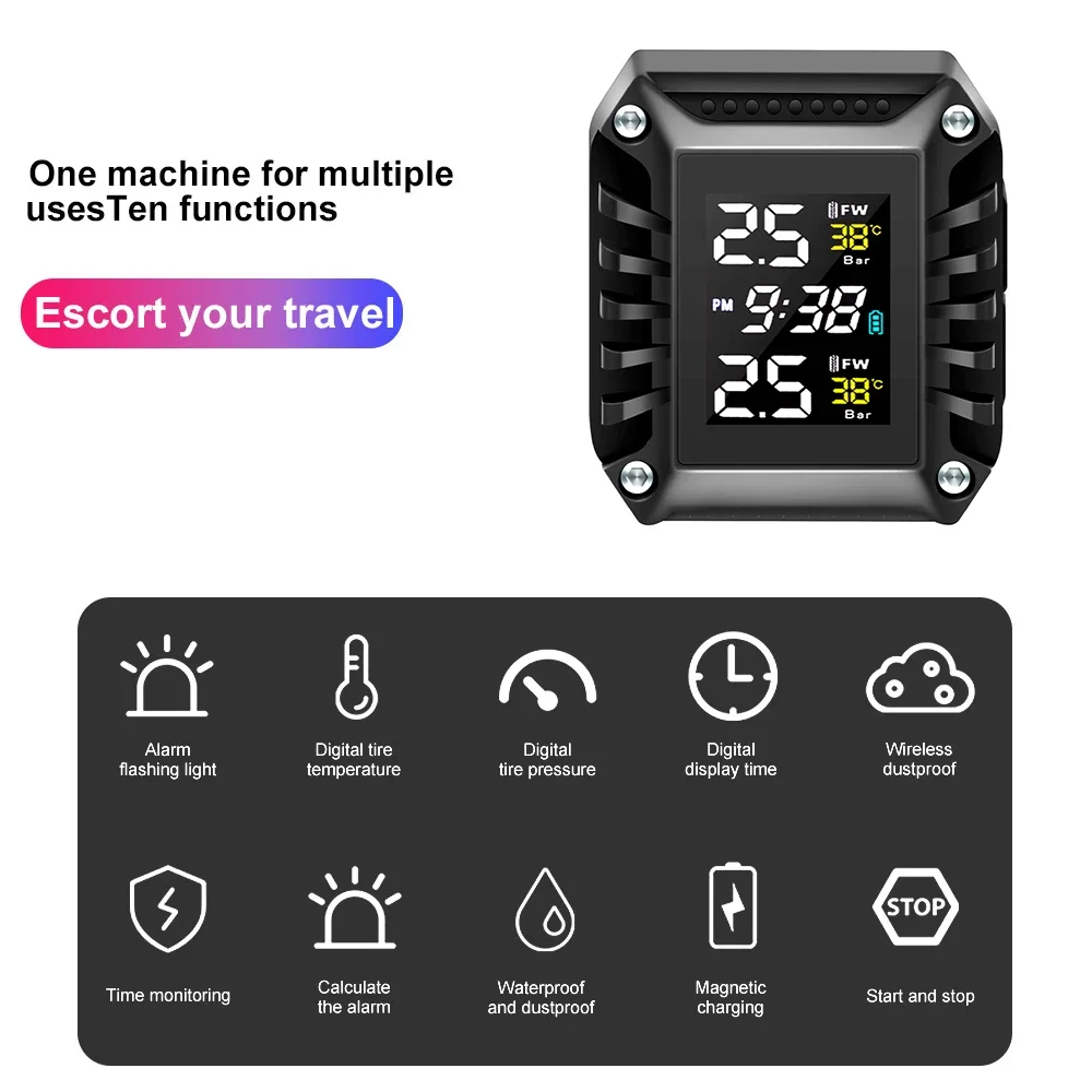 Monitor de presión de neumáticos de motocicleta, pantalla Digital de tiempo, Detector de presión de neumáticos inalámbrico externo para motocicleta con 2 externos