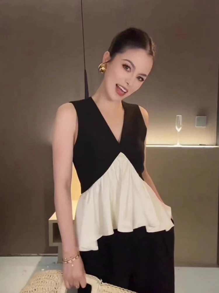 

Korean Chic Contrast Color Blouse Women 2025 Vintage Irregular Ruffled All Match Shirts Summer V Neck Sleeveless Slim Fit Tops