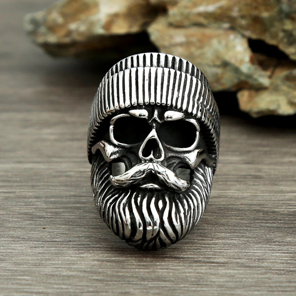 Retro Gothic Hat Big Beard Skull Ring For Men Boys Stainless Steel Punk Street Biker Skull Rings Fashion Jewelry Gift Wholesale