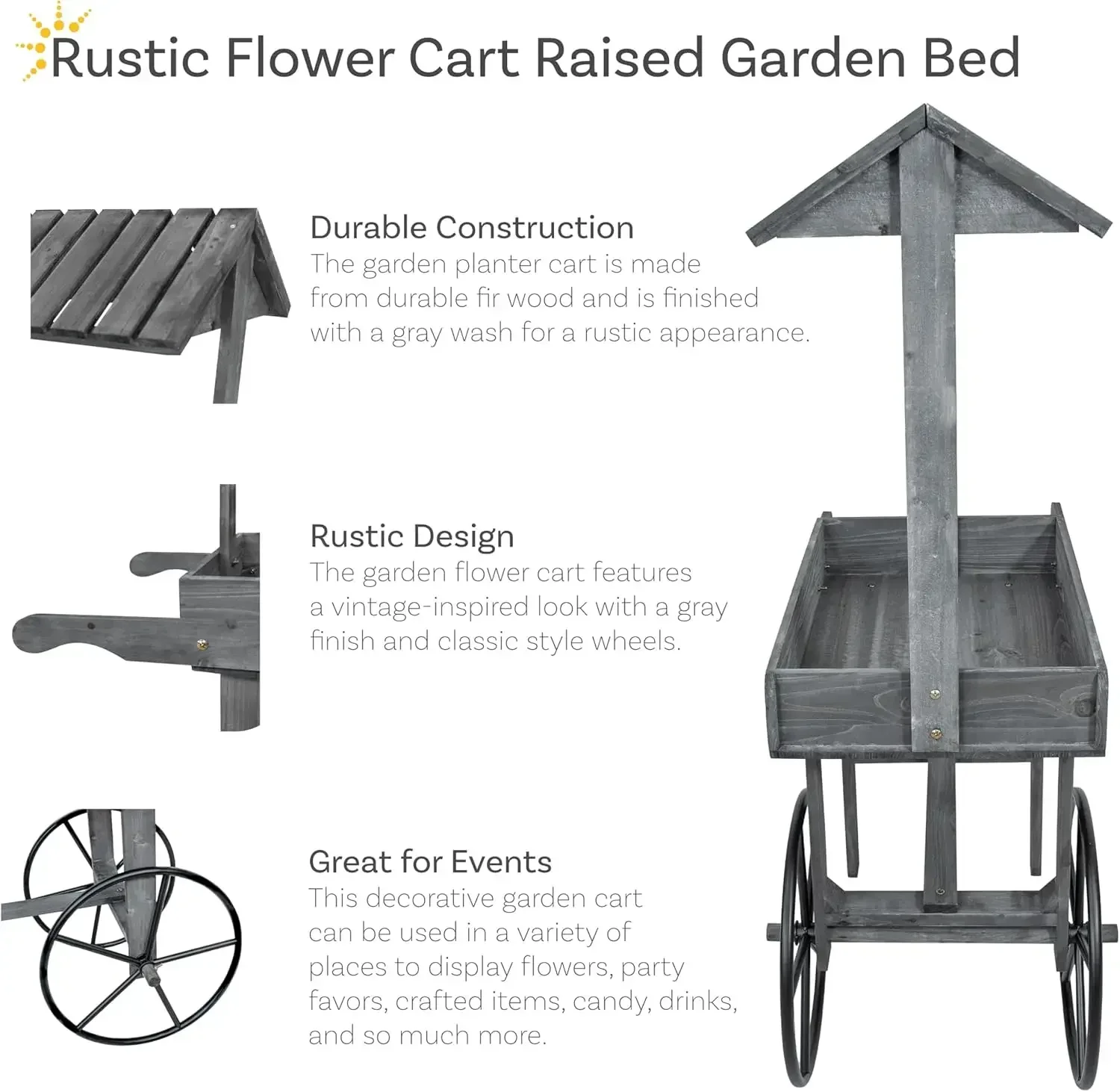 Sunnydaze Rustic Flower Cart Display Stand with Wheels - Vintage Wooden Candy Cart for a Wedding, Party, or Event - Gray