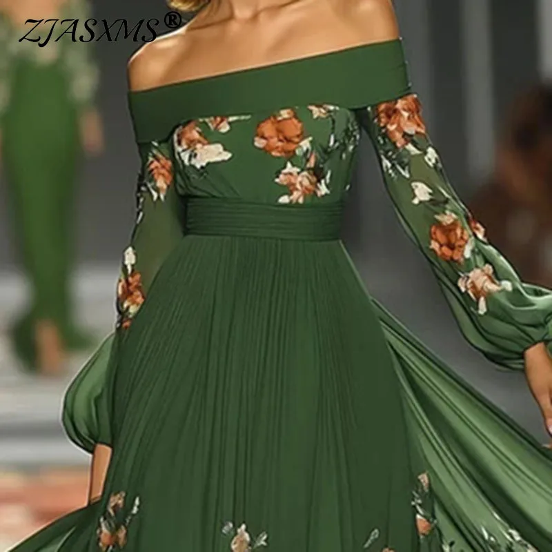 오프숄더 랜턴 슬리브 맥시 드레스 여성용 봄 우아한 플로럴 프린트 밑단 롱 드레스 섹시 백리스 홀로 보헤미안 드레스