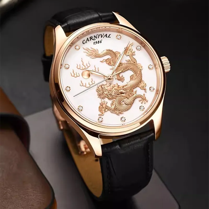 CARNAVAL-Montres-bracelets mécaniques pour hommes, montre automatique Dragon doré 3D, mouvement NH36, étanche, marque de luxe