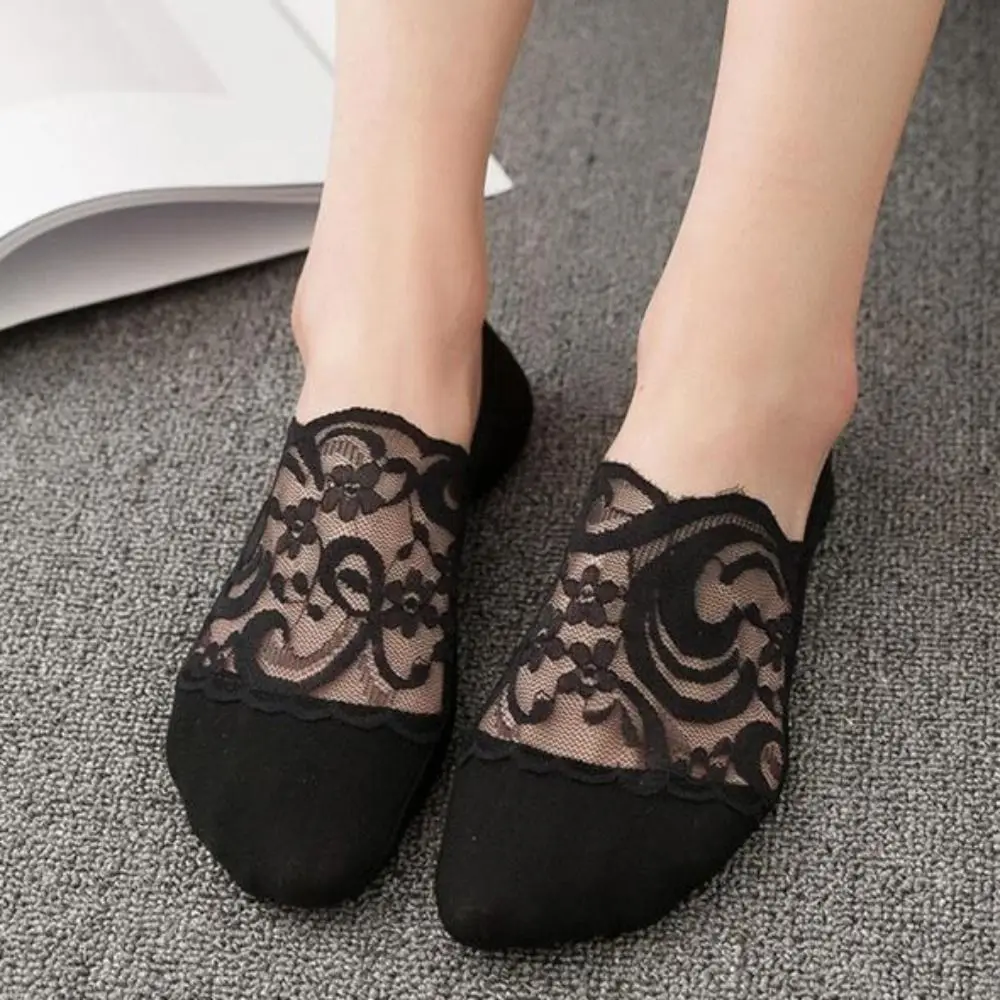4Pairs Fashion Ultra-Thin Lace Invisible Socks Breathable Low Cut Boat Socks Non-Slip Women Ankle Socks Women's Summer Wear