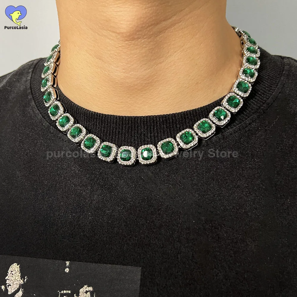 NEW Luxury Green Glass Necklace for Men Women 12mm Tennis Chain Cuban Link Hip Hop Square Bling AAA Rhinestones Glass Jewelry