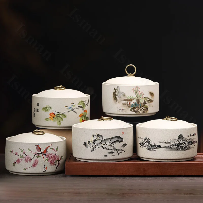 Classical Rough Ceramic Tea Jar with Lid Chinese Style Home Coffee Table Sealed Tea Organizer Tea Tin Living Room Decoration