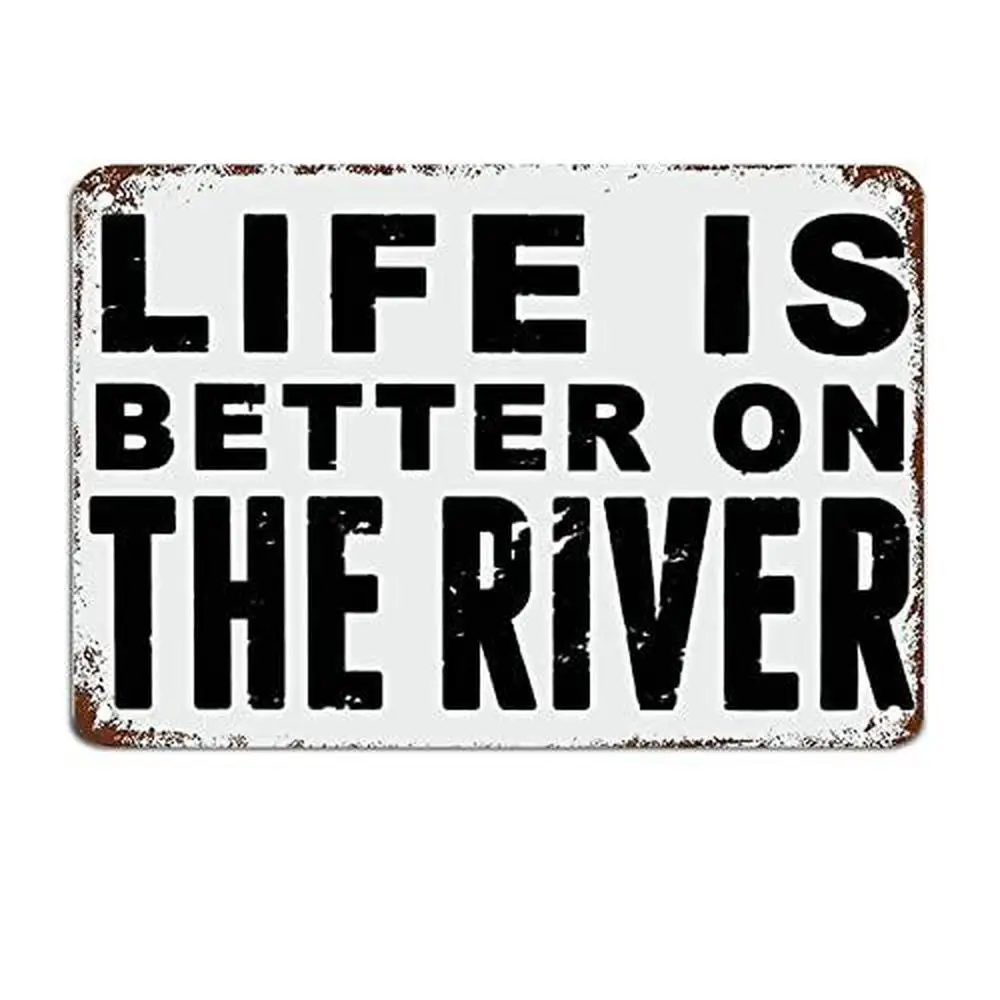 Life is Better on The River Metal Sign Wall Art with Riverboat & Fishing Quote Outdoor Decoration for Cabin, Lake House