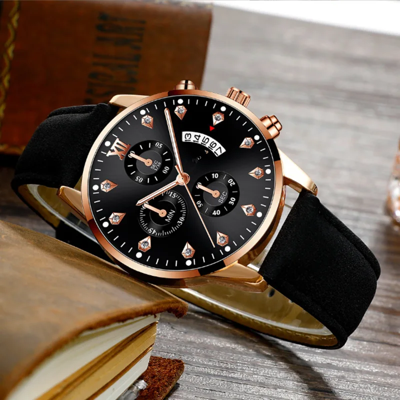 Relojes de negocios de lujo para hombre, reloj de pulsera de cuarzo y cuero, deportivo, informal, con calendario y fecha, color negro
