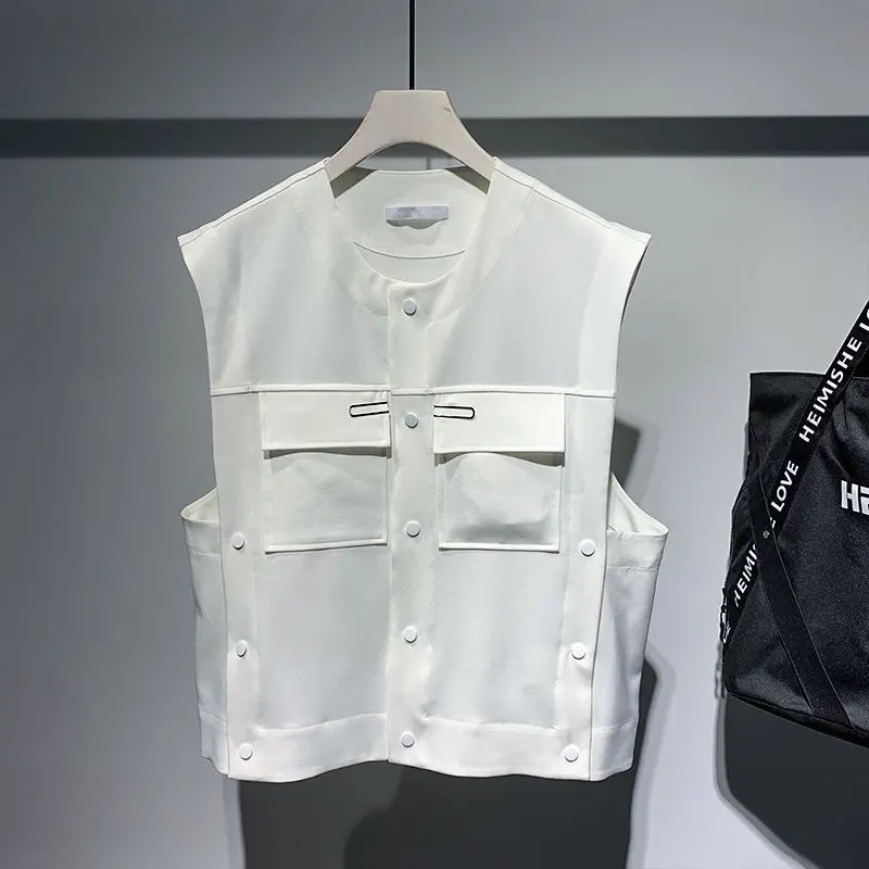 Three-dimensional Pocket Trendy Men's Sleeveless Vest Spring and Autumn New Loose Hairstylist Style  Vest