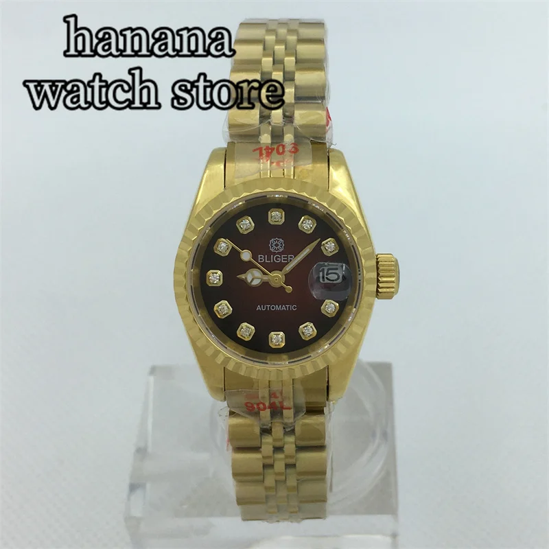 Bliger นาฬิกาทอง26มม. หรูหรานาฬิกาผู้หญิงญี่ปุ่น NH05หน้าปัดเพชรส่องสว่างด้วยมือกระจกแซฟไฟร์