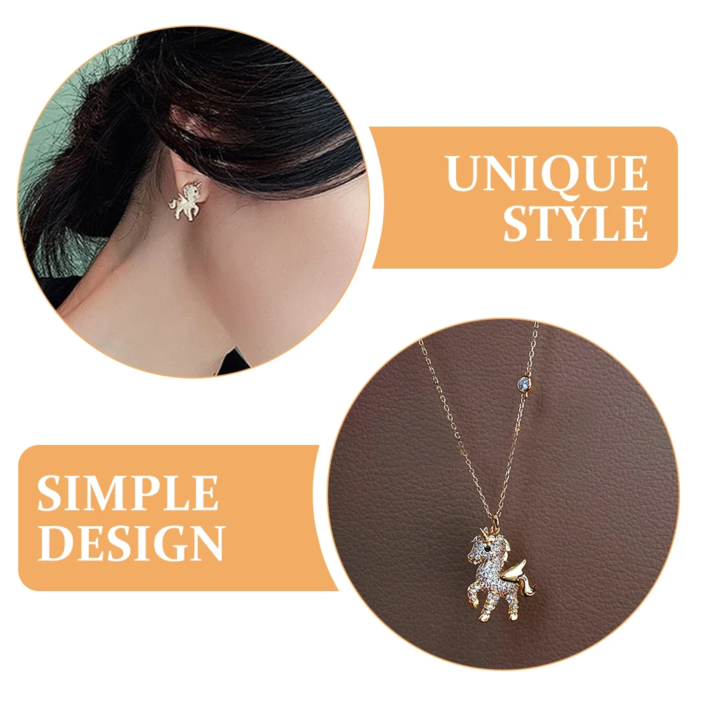 

1 set Unicorn Necklace Earring Set Women Pendant Hanging Necklaces Studs Jewelry Rhinestone Copper Alloy Festival Gift