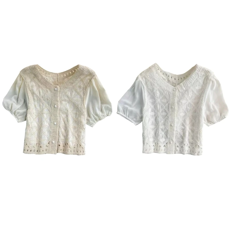 Puff Short Sleeve Tops Casual Creweck Loose Fit Solid Color Blouses Lace Embroidered Jacquard Trim Shirt for Women Girl