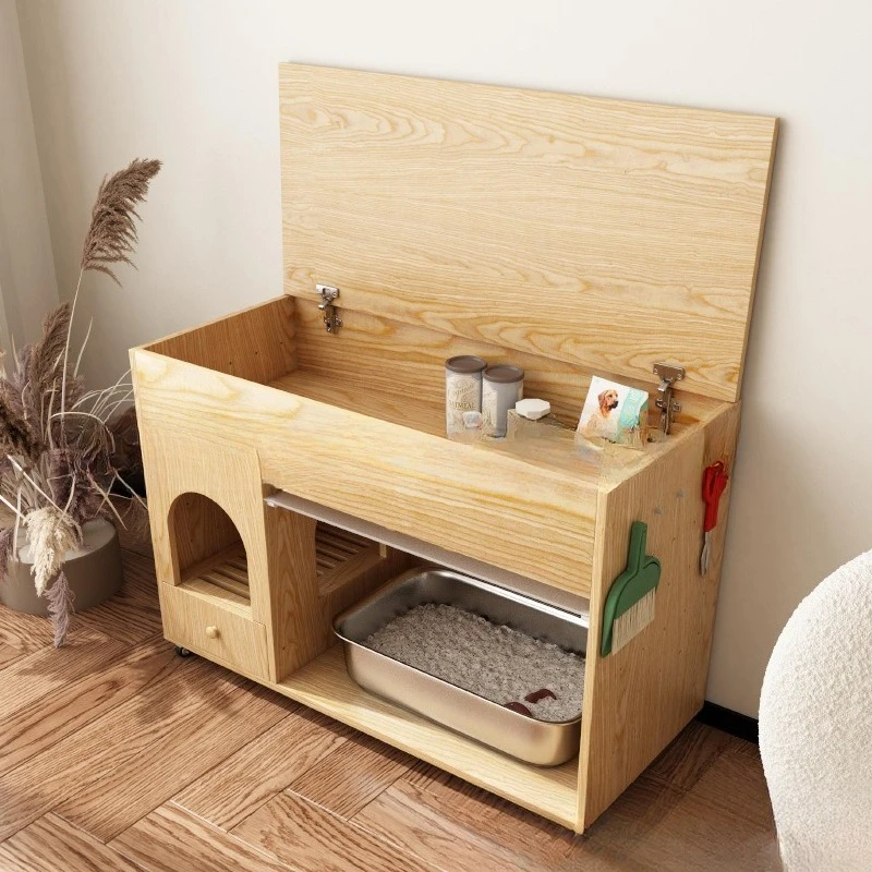Solid wood cat litter pet toilet special leak-proof sand semi-closed breathable deodorant cat litter basin simple toilet