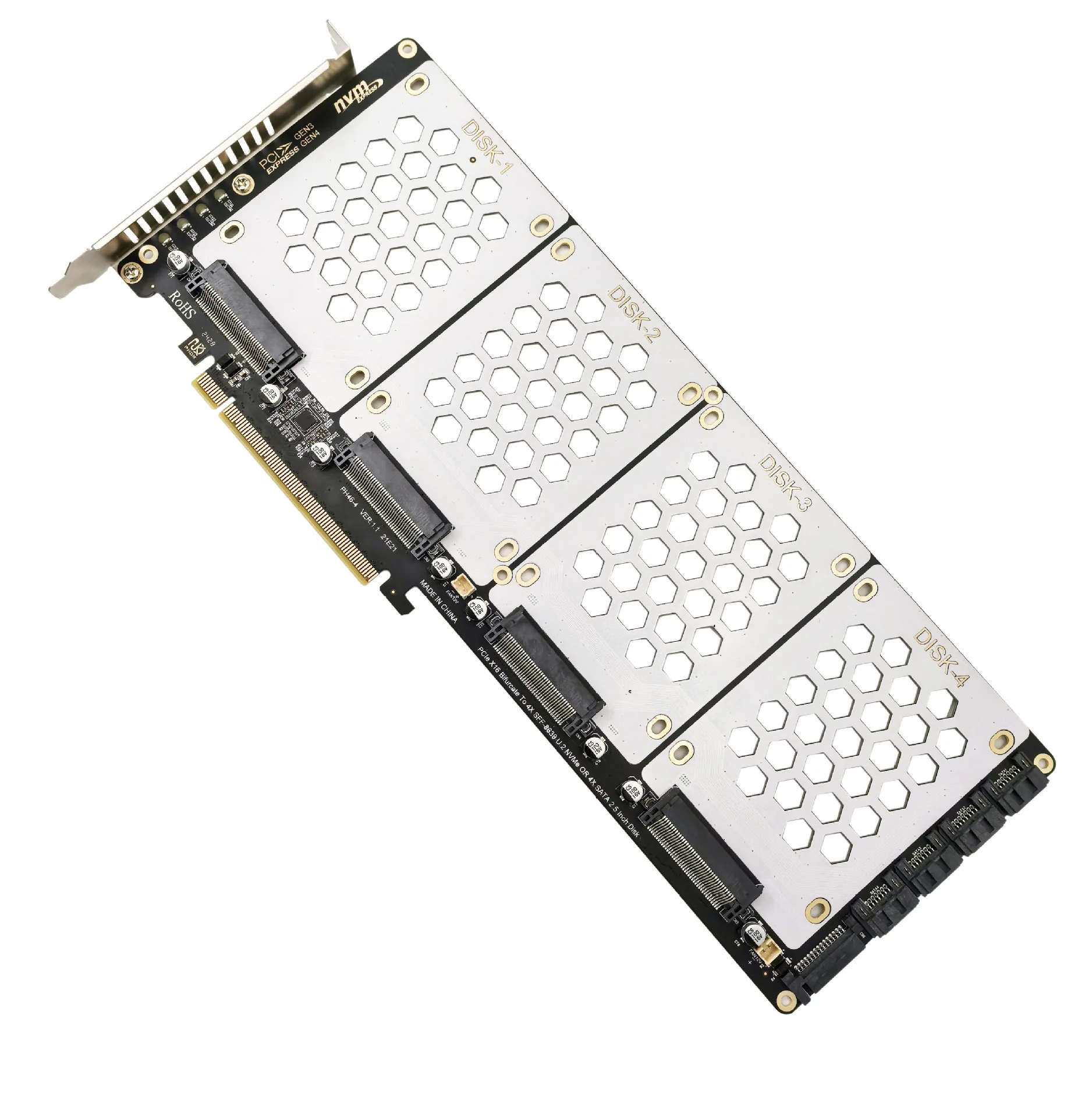 

4-портовые интерфейсы NVMe M.2 SFF8639 в карту преобразования PCIe X16, улучшает охлаждающий массив для ПК