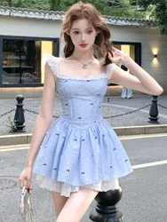 2024 Summer Sweet Y2k Mini Dress Lace Mori Girl Korean Dress Women Ballet Core Frock One Piece Evening Party Coquette Banquet