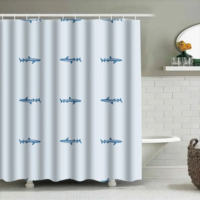 

Shark Print Bath Shower Curtain Waterproof Fabric Bathroom Decorative Home Decoration in Light Blue Color Size 180x240cm Free Sh