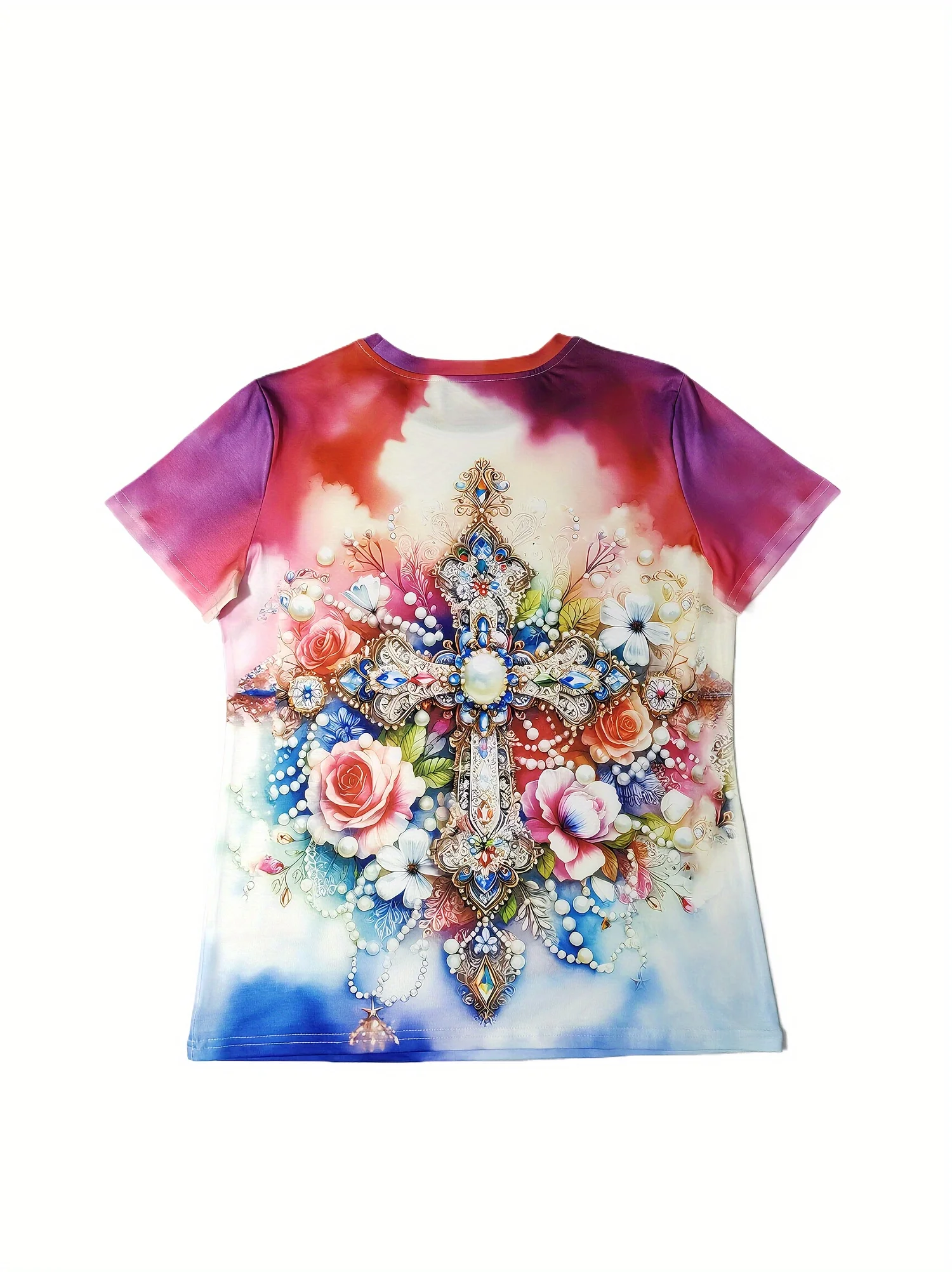Pastel Tie-Dye Women's Tee - Ornate Jeweled Cross & Floral Graphic, Luxe Embellished Religious Design for Casual Daily Wear