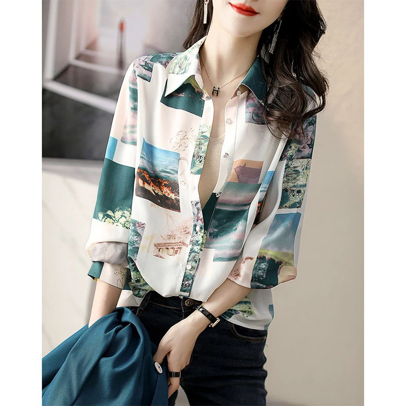 Summer Polo-neck Vintage Print Chiffon Shirt Ladies Long Sleeve Temperament All-match Casual Top Women Elegant Fashion Blouse