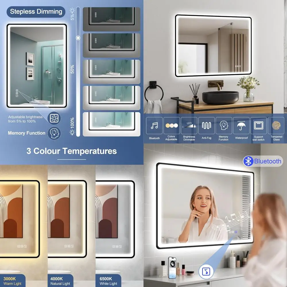 

24x32 Wall-Mounted LED Bathroom Mirror with Bluetooth, Anti-Fog, 3-Color Temperature, Dimmable Brightness, Waterproof Tempered G