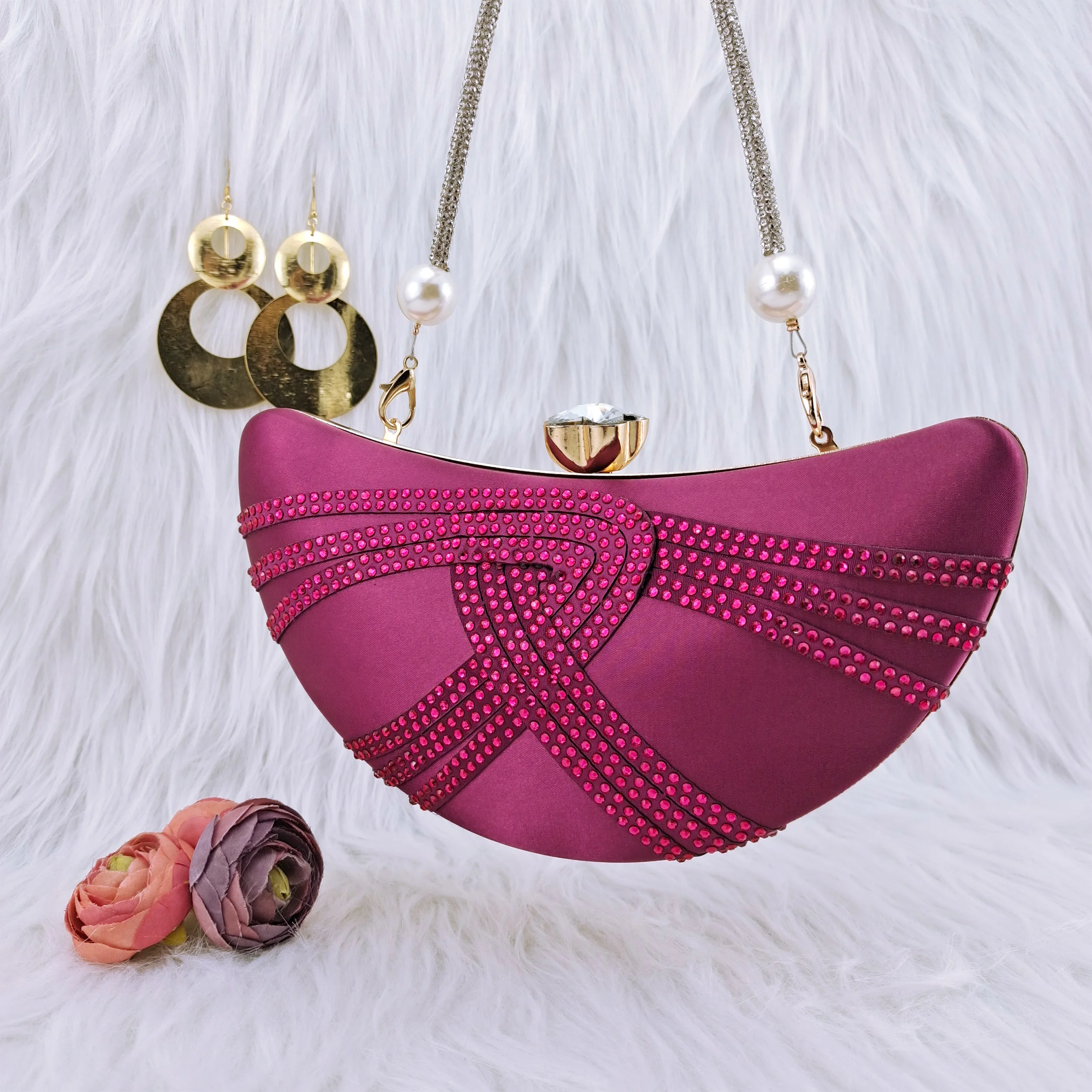 

PM Nigerian Ladies Hand Bag Elegant Magenta Moon Bag Fashion Mini Long Chain Cross Body Bag