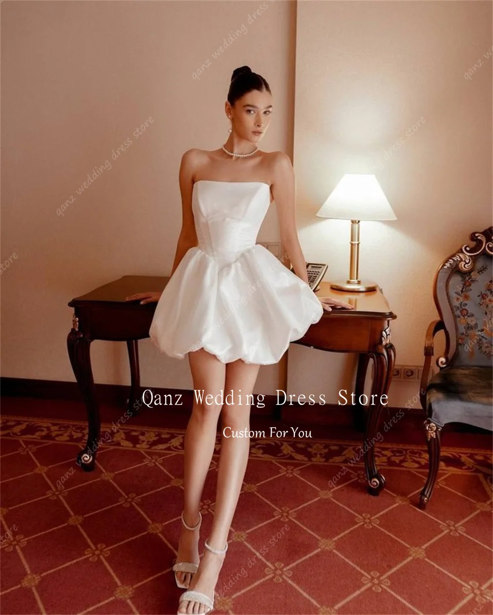 Qanz White Satin Mini Wedding Dresses Bride Strapless Short A Line Puffy Bridal Gowns Open Back Vestidos De Novia Customized