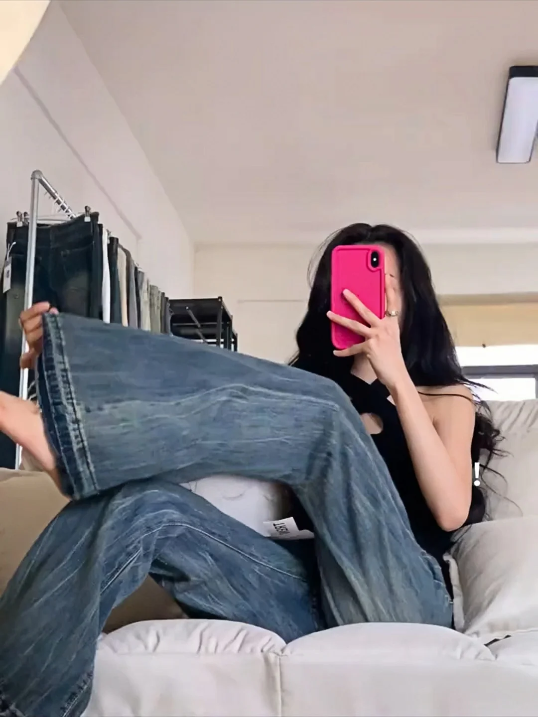 

Cleanfit Lightning Pattern Jeans High Waist Men's Women's American Retro Frayed Design Micro Flared Knife Denim Pants