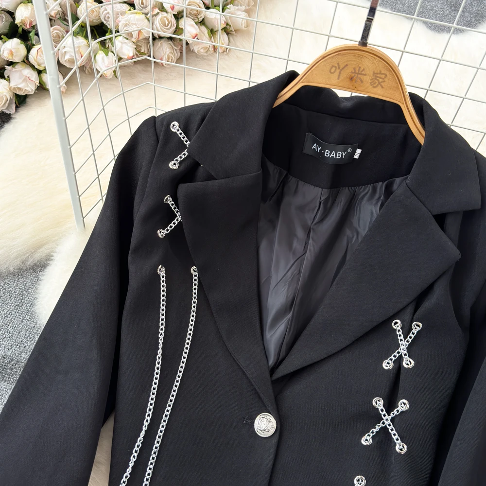 2024 primavera autunno Bomb Jacket gonna a due pezzi Streetwear Black Chain Suit gonna Casual allentata da donna minigonna a due pezzi