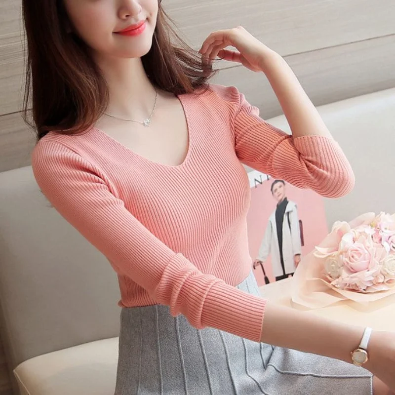 Women Winter Korean New V-neck Pullover Bottom Shirt Simple Commuter Solid Color Knit Sweater Slim Versatile Long Sleeved Tops