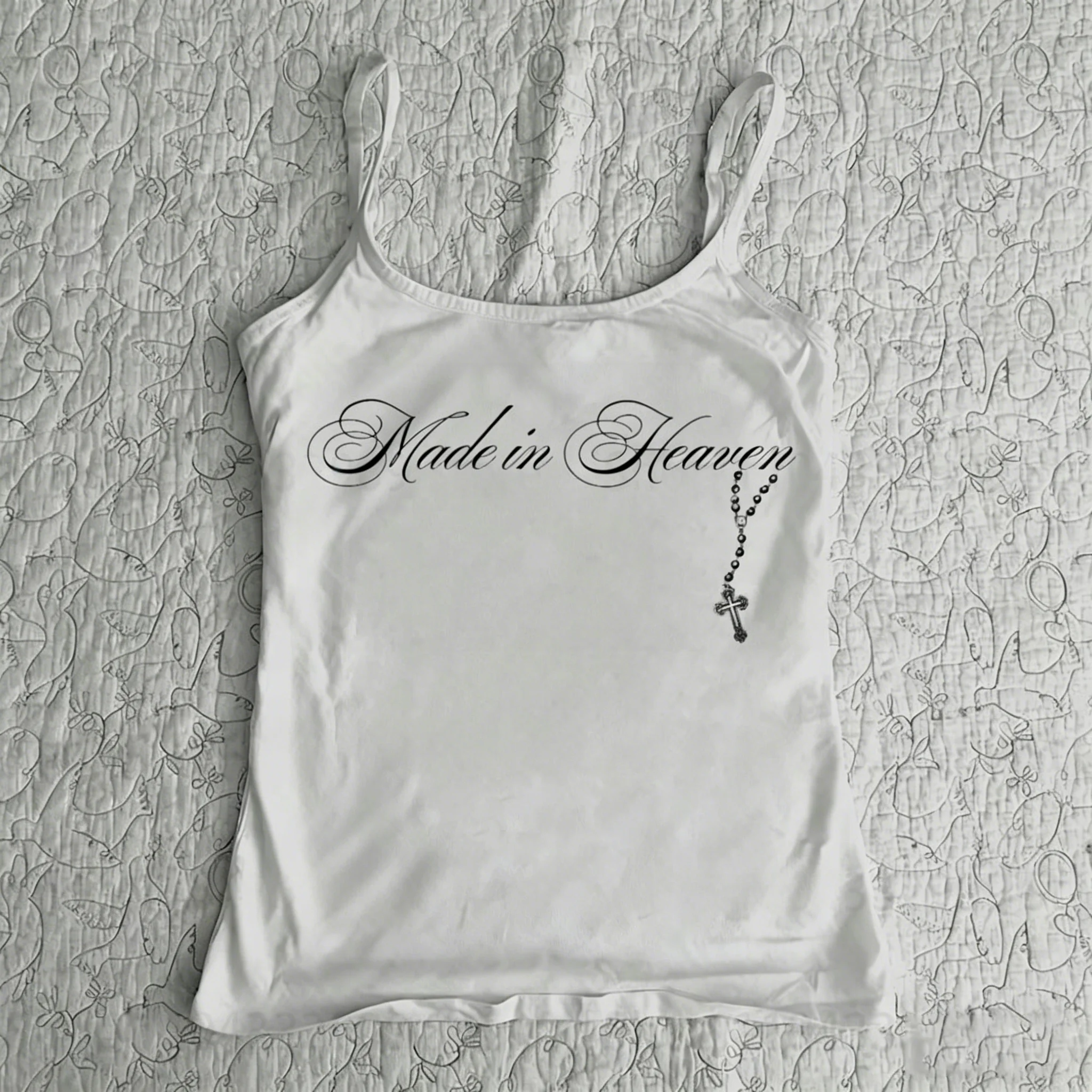 Vintage Made Cross Rosary Printed Slim Fit Spaghetti Strap Women Casual Sleeveless White Streetwear Basic Camisole Tank Top Y2K