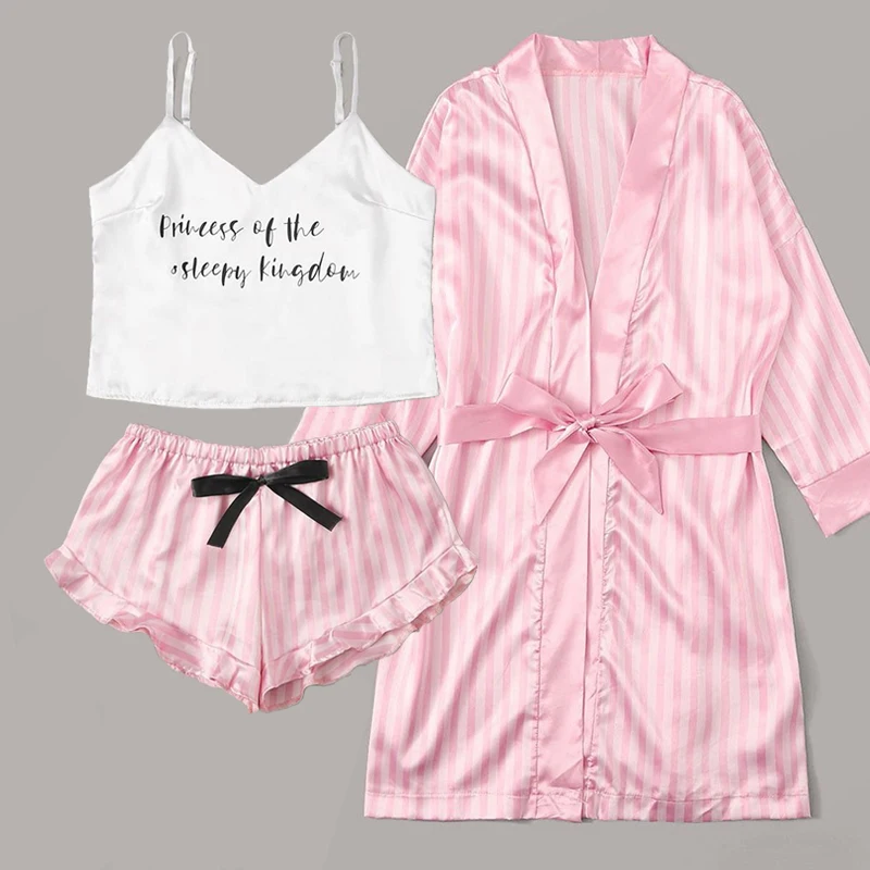 Silk Satin Lace Robe and Pajamas set Women Summer Faux Silk Sleepwear Pink Stripe Pijamas Bathrobe NightGown Homewear Robe Set