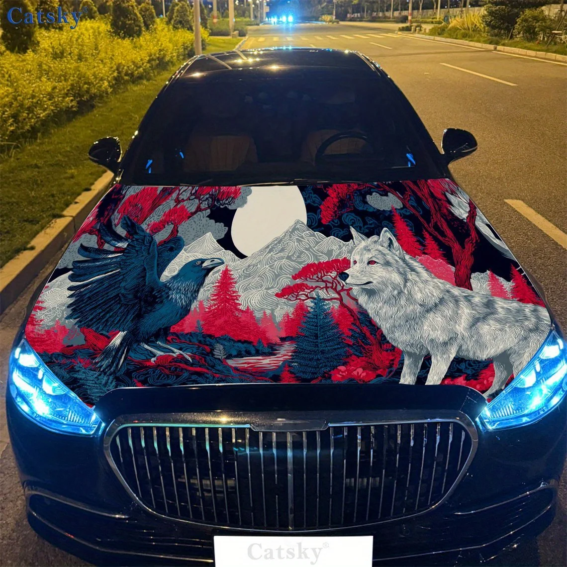 

Wolf, Red Trees & Bird Car Hood Vinyl Wraps Sticker, Auto Decal, Waterproof Self-adhesive Vehicle Decal, Anti-scratch Auto Exter