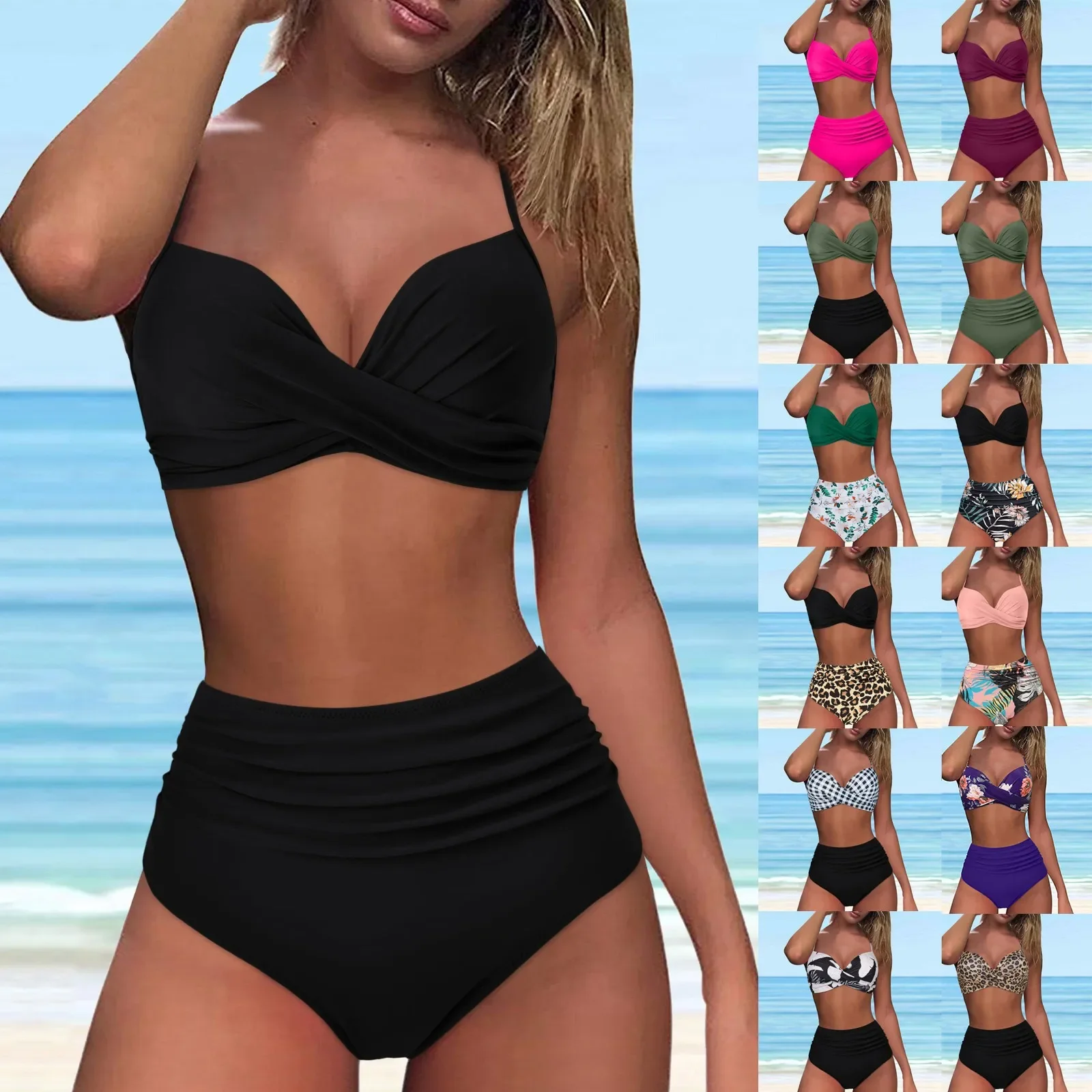 Conjunto de Bikini de cintura alta de lujo para Mujer, traje de baño de dos piezas con realce, Tankini de verano para playa