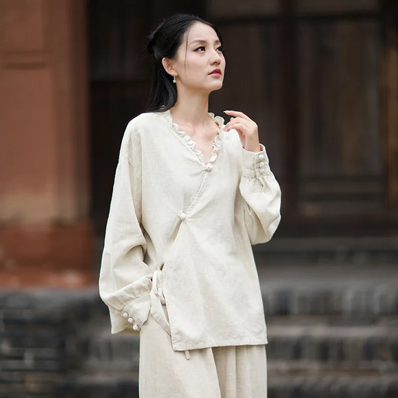 

Autumn Ramie Blouse: Original Design, Drawnwork Embroidery, Diagonal Placket, Poetic Chinese Style.