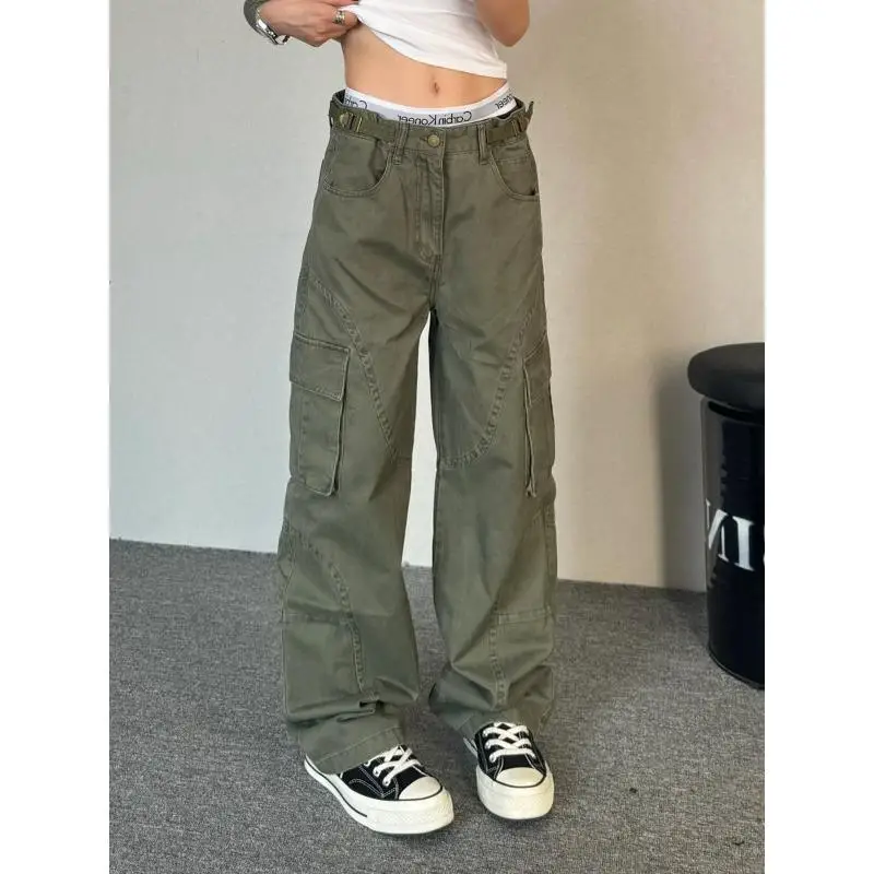 

High Street Y2K Green Vintage Cargo Pants for Women Harajuku Multiple Pockets Korean Denim Pants Baggy Hip Hop Spring Trousers